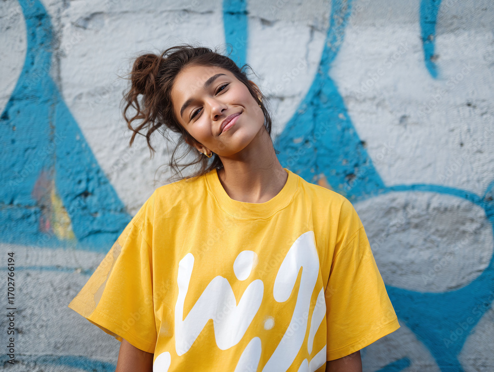 Obraz premium Confident young woman in yellow tshirt, posing against a vibrant graffiti wall. Represents urban style, youthfulness, and selfexpression. Perfect for fashion, lifestyle, and positive campaigns.