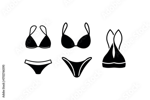 various swimwear designs displayed in black and white silhouette