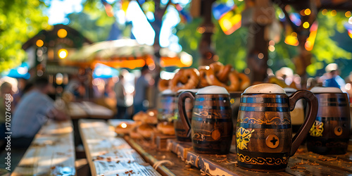 Wallpaper Mural Refreshing beer steins and pretzels at a lively outdoor festival with blurred background. Torontodigital.ca