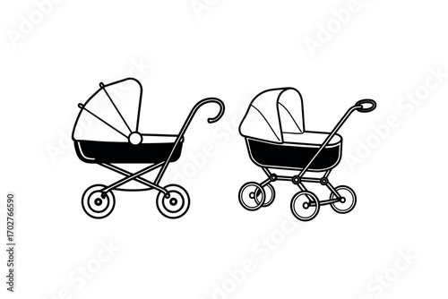 two vintage baby carriages shown side by side silhouette