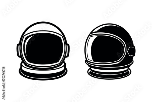 astronaut helmets depicted in black and white silhouette