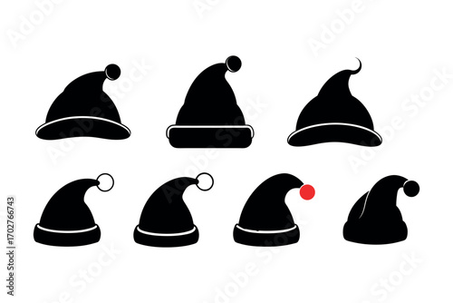 six santa hats arranged neatly in two rows silhouette