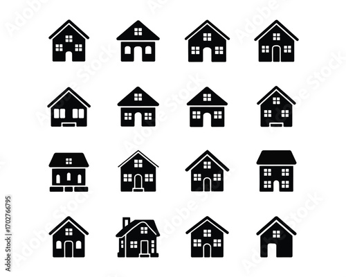 A diverse set of black and white house icons and building silhouettes, ideal for real estate graphics and architectural symbols