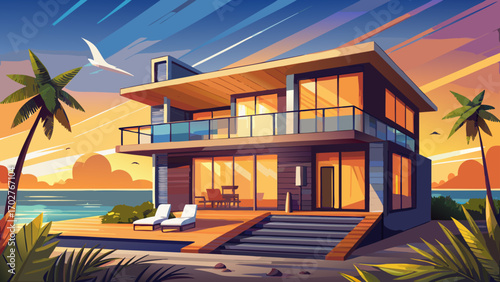 Chic modern beach house with clean lines, natural wood siding, and spacious terraces, basking in golden evening light beside the ocean.