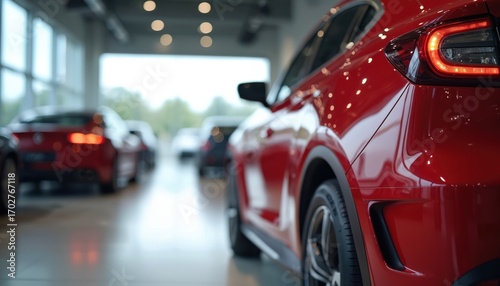 Red car parked in modern dealership interior. Sharp detail, glossy surface, blurred background. Luxury vehicles, showroom ambiance, elegant display of new cars, car sale.