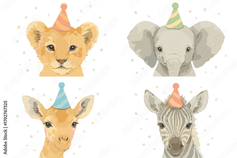Naklejka premium Wildlife celebration icons set – filled, party hats, animal characters for fun