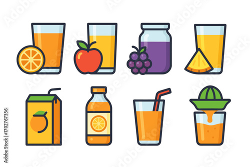 Fruit and beverage icons set – outline, linear, juice and drink symbols