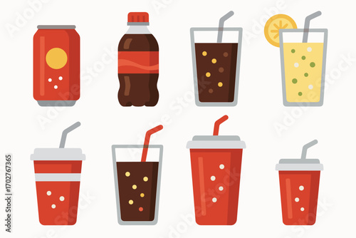 Beverages flat icons set – outline, drinks, soda and juice symbols for design