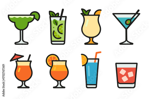 Cocktail and beverage icons set – outline, flat, drink and bartending symbols