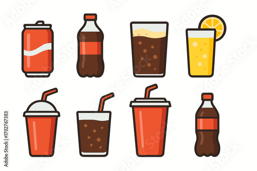 Beverage and soft drink outline icons set – flat, soda, refreshment symbols
