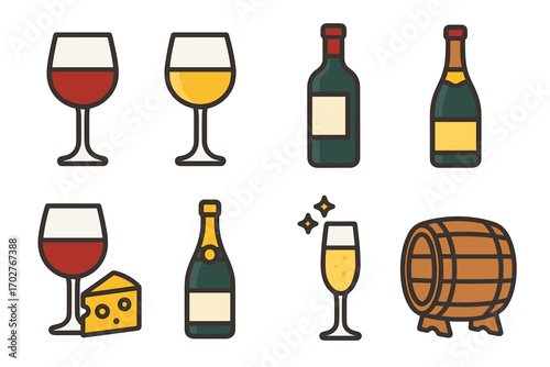 Wine and champagne outline icons set – flat, filled, beverage and celebration symbols