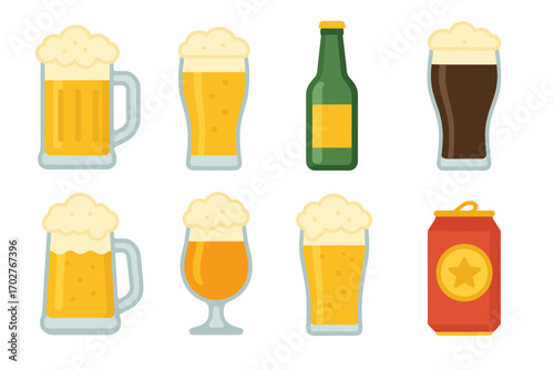 Beer and beverage icons set – flat, outline, brewing and drinking symbols