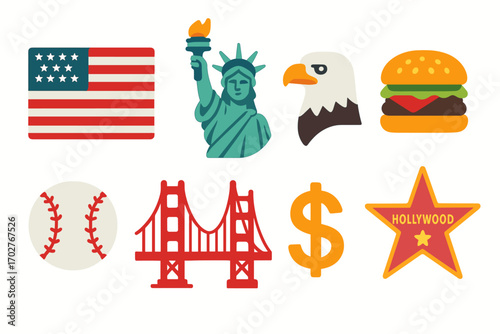 American culture flat icons set – solid, filled, usa and patriot symbols