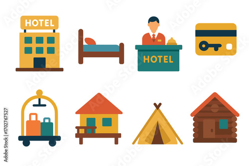 Travel and accommodation icons set – flat, filled, hotel and lodging symbols