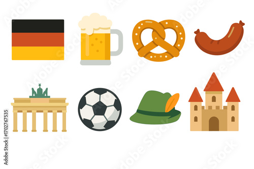 German culture flat icons set – filled, cultural symbols, traditional landmarks