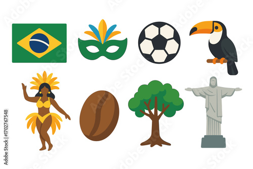 Brazil culture and landmarks icons set – flat, outline, travel and heritage designs