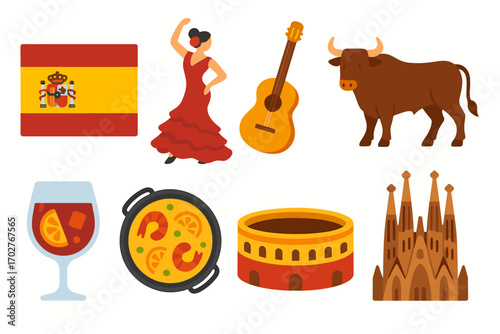 Spanish culture icons set – flat, filled, heritage and tradition symbols