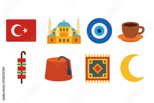 Turkey culture icons set - flat, filled, symbols of tradition and heritage