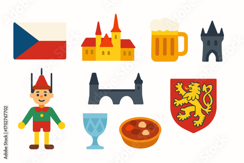 Czech republic flat icons set - cultural, travel, tourism symbols collection