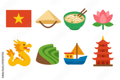 Vietnam culture flat icons set – traditional, heritage symbols and cultural elements