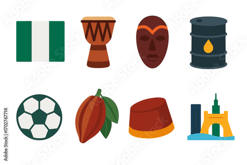 Nigerian culture flat icons set – traditional, heritage, african symbols