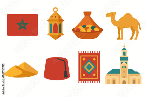 Moroccan culture flat icons set – filled, traditional, cultural symbols for travel