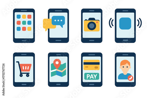 Mobile app flat icons set – technology, interface, digital communication graphics