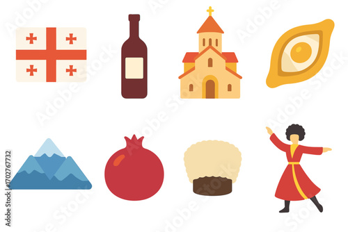 Georgian culture flat icons set – tradition, symbols, country heritage elements