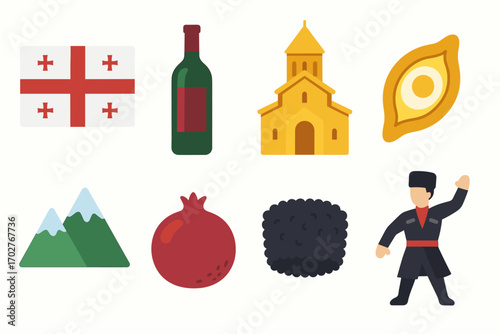 Georgian culture flat icons set – symbols, heritage, tradition in vibrant style