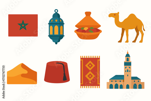Moroccan culture icons set – flat, filled, traditional and heritage symbols