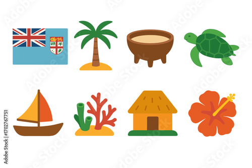Fiji culture flat icons set – tropical, travel, island themed symbols