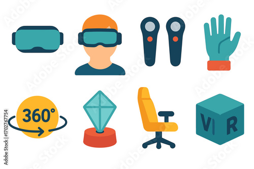 Virtual reality flat icons set – immersive, gaming and tech symbols