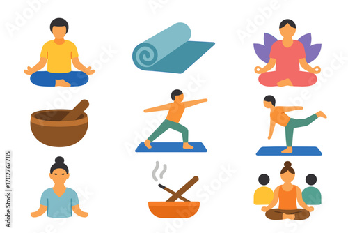 Yoga and meditation flat icons set – wellness, mindfulness, fitness symbols