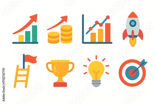 Business growth flat icons set – finance, success, achievement symbols