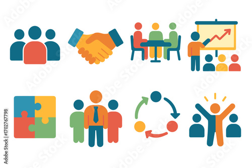 Teamwork and collaboration icons set – flat, filled, business and partnership symbols