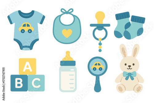 Baby essentials flat icons set – child care, newborn, parenting graphics