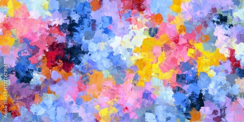 A textured canvas with dynamic brushstrokes in blues pinks yellows oranges reds and blacks