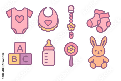 Baby essentials icons set in outline style – nursery, infant care, child symbols