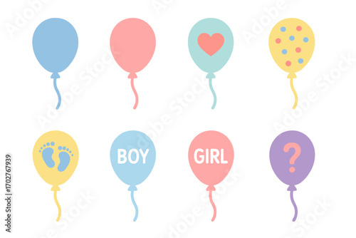 Gender reveal balloon icons set – silhouette, party, celebration symbols