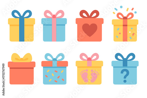Gift and celebration icons set – flat, filled, party and present symbols