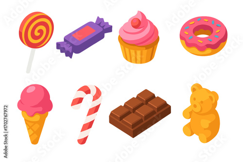 Candy and dessert 3d icons set – sweets, treats, confectionery graphics for design