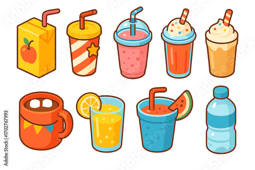 Beverage and drink icons set – flat, filled, juice and summer refreshment symbols
