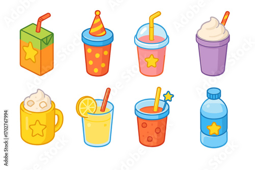 Beverage and drinks icons set – filled, colorful, refreshment and drinkware graphics
