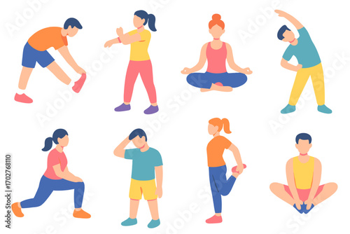 Fitness and exercise icons set – flat, workout and health lifestyle symbols