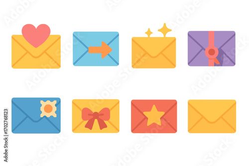 Communication icons set – flat, filled, messaging and email symbols