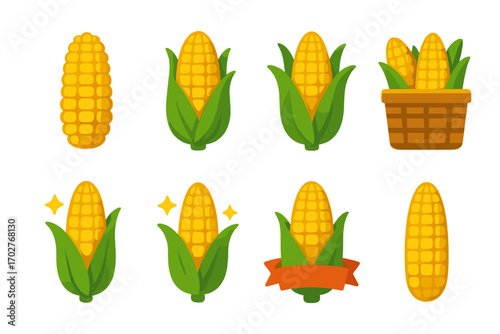 Corn and agriculture flat icons set – farming, harvest, maize symbols