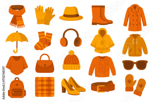 Winter clothing flat icons set – apparel, accessories, seasonal wear symbols