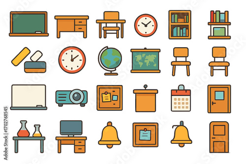Education and learning icons set – flat, filled, classroom and study symbols