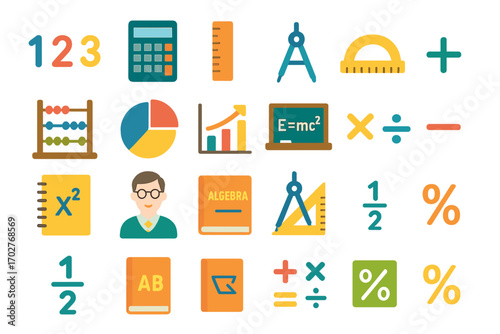 Mathematics education flat icons set – algebra, learning, digital learning tools