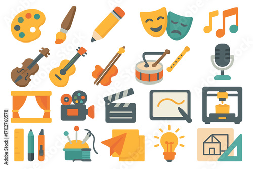 Art and entertainment icons set - flat, colorful, creative design symbols